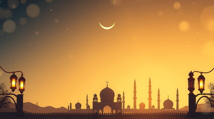 Obraz premium Ramadan Kareem Lanterns and Crescent Moon with Glowing Lights