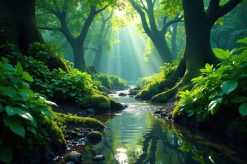Crystal stream reflects rainforest canopy, vibrant green foliage , green, image