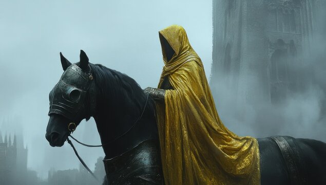 Mysterious figure on horseback in a yellow cloak, shrouded in fog, gothic cathedral in the background.