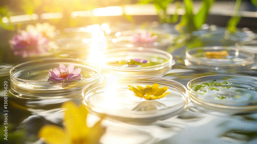 Poster exploring botanical samples in petri dishes floating on a standard surface laboratory environment sc