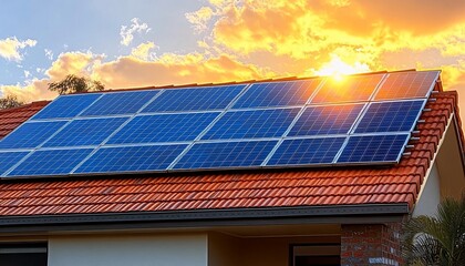 Naklejka premium Residential Solar Panel Installation at Sunset