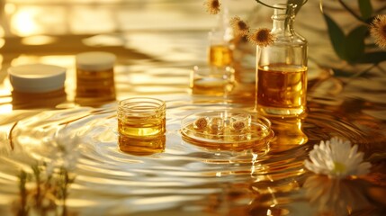 Captivating reflective water ripples with floating laboratory glass in a serene environment evoking scientific curiosity