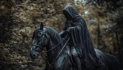 Mysterious hooded figure on a dark horse in a forest.