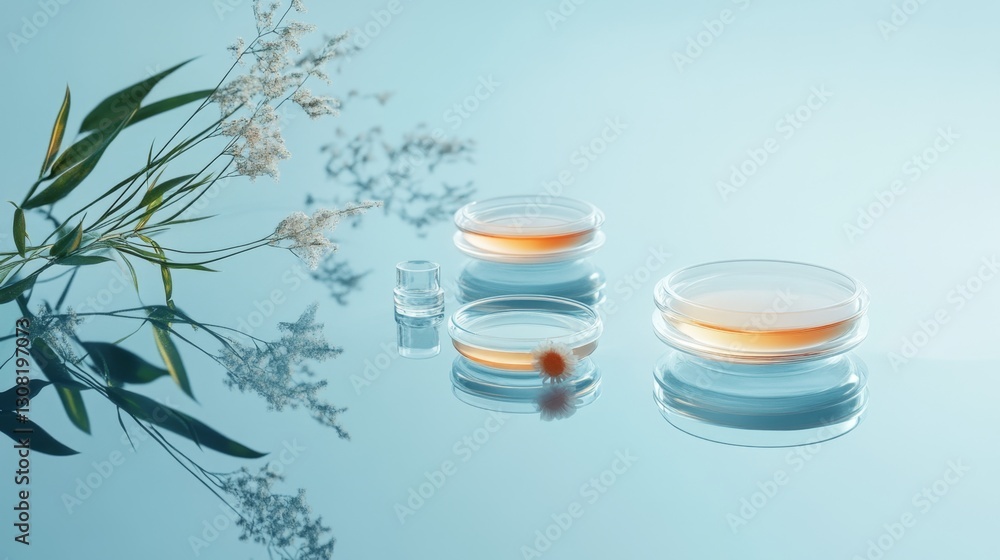 Poster creating a sleek lab-inspired floating composition with a petri dish in an artistic studio environme