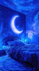 Serene Bedroom with Starry Night and Moon Mural in Deep Blue Tones