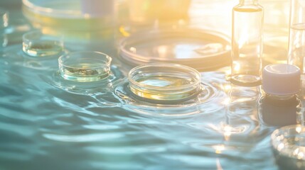 Gently observing soft ripples in water with petri dishes of natural standards at a tranquil laboratory environment