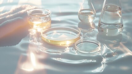 Gently disturbing soft ripples of water in petri dishes containing natural standards laboratory setting visual exploration of eco-friendly science