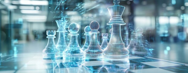 A futuristic chessboard with transparent pieces showcasing strategic gameplay and digital innovation.