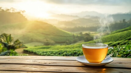 Serene Morning Tea in Scenic Green Landscape with Sunrise Glow