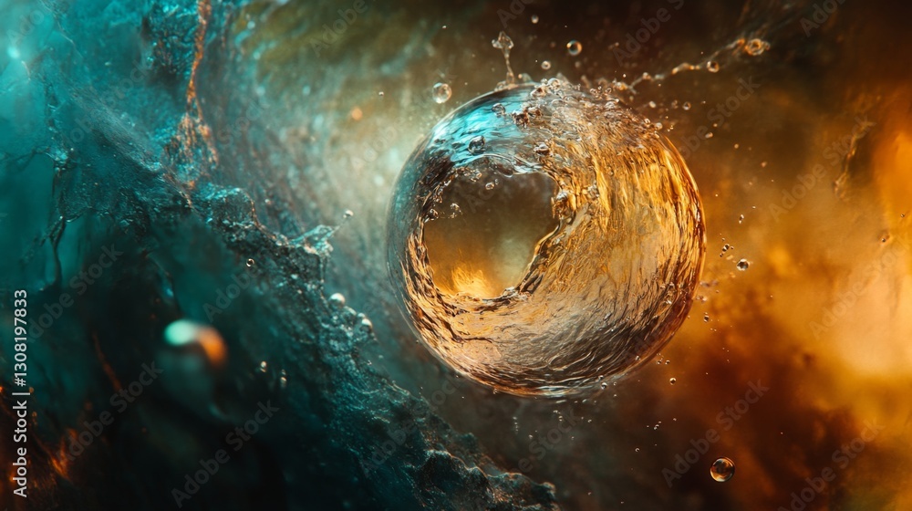 Poster glowing suspended water molecule in dynamic liquid space abstract visualization for scientific explo