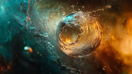 Glowing suspended water molecule in dynamic liquid space abstract visualization for scientific exploration