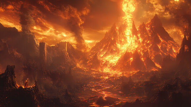 Hellfire consumes the damned in a cinematic depiction of eternal damnation. Infernal - Volcano. Illustration