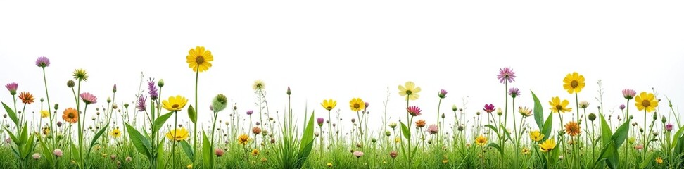 Close-up view of diverse meadow plant stems against a pure white backdrop , wild, element, texture