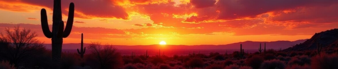 Obraz premium Fiery Arizona sunset, saguaro cacti against fiery sky, heat, clouds