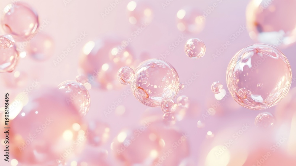 Poster creating transparent collagen bubbles filled with glowing particles in a scientific environment a un