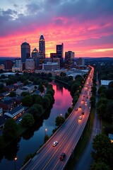 Aerial Nashville cityscape at dusk, Broadway & river vista , city, golden hour