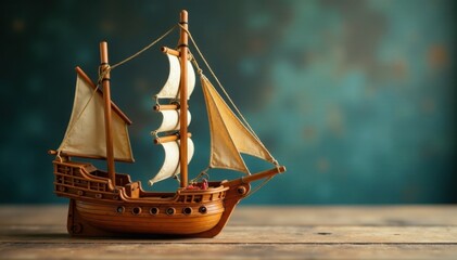 Intricate wooden sailing ship model, vintage toy, miniature, artifact