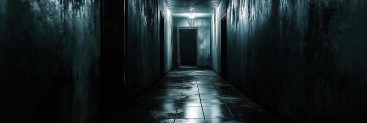Eerie dark corridor filled with ghostly figures and flickering light creates a haunting horror atmosphere