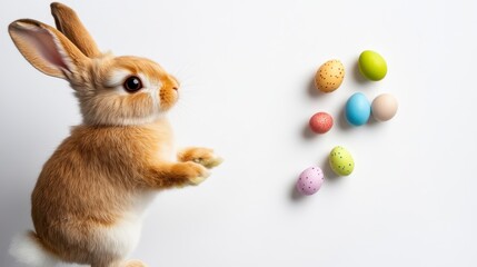Fototapeta premium Adorable brown bunny rabbit standing on hind legs looking at colorful pastel Easter eggs on white background. Bright, cheerful spring image