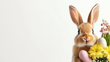 Obraz premium Adorable brown bunny rabbit holding pastel eggs and spring flowers against a white background. Festive Easter image