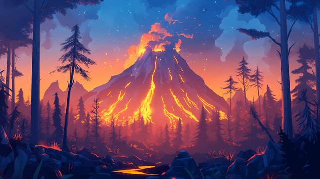 Panoramic view of infernal fire in forest ablaze. Infernal - Volcano. Illustration