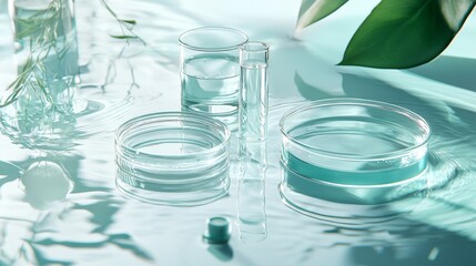 Innovative experiments organizing transparent lab glassware and petri dishes on a research table