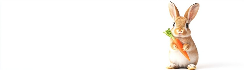 Obraz premium Adorable brown bunny rabbit holding a fresh orange carrot against a bright white background. Studio shot, close up view