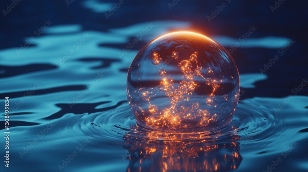 Poster exploring a glowing transparent liquid bubble with molecules inside in a science lab environment fro