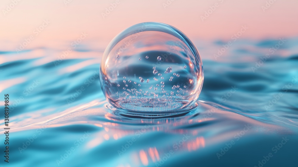 Poster illuminating transparent liquid bubble containing glowing molecules in a laboratory setting for scie