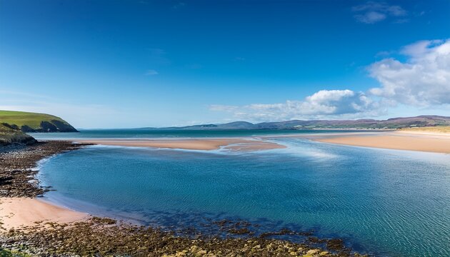 looking over the waters of troon bay bay in scotland with blue skys and gentle waters lapping the beach