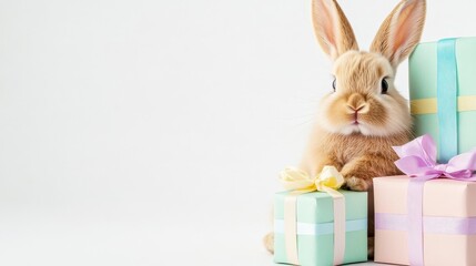 Obraz premium Adorable brown bunny rabbit sits amidst pastel colored gift boxes against a bright white background. Soft lighting enhances the fluffy texture of the