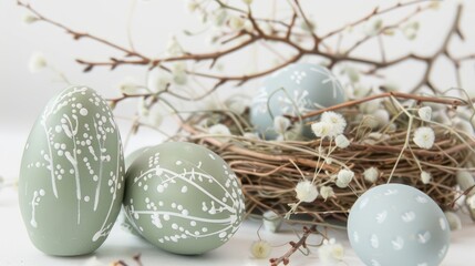Easter eggs in a green color with a white pattern, a nest, and willow branches on the table, against a white background, in close-up.