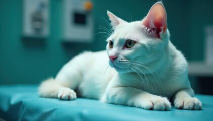 Serene white cat under anesthesia on exam table, sleep, clean, pet