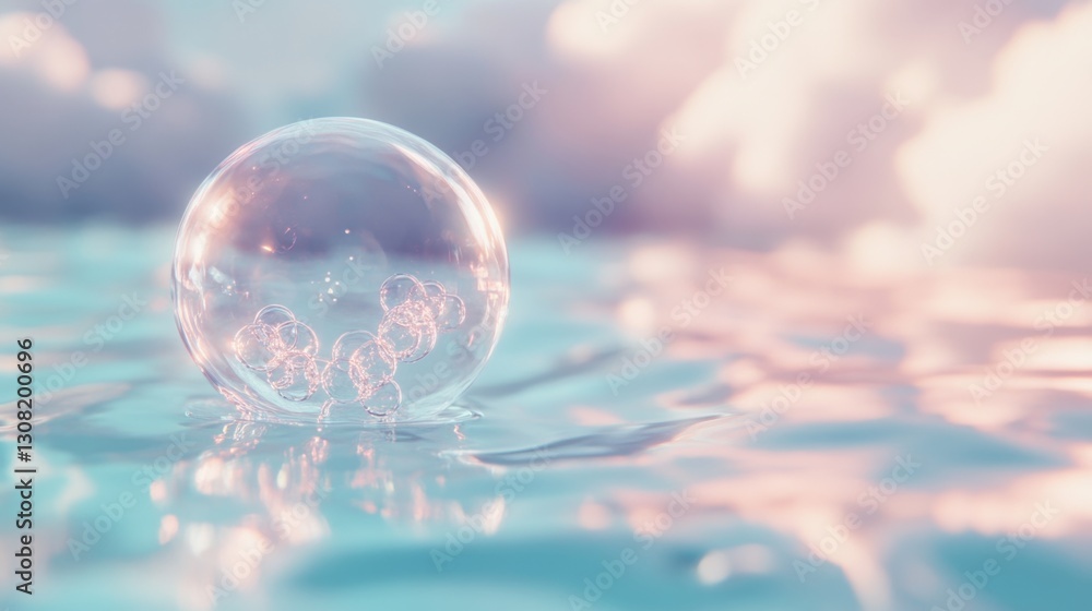 Poster floating vibrant molecular bubble glowing softly on standard surface science visualization dreamlike