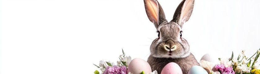 Obraz premium Adorable gray bunny surrounded by pastel Easter eggs and spring flowers against a bright white background. Perfect for Easter cards or spring