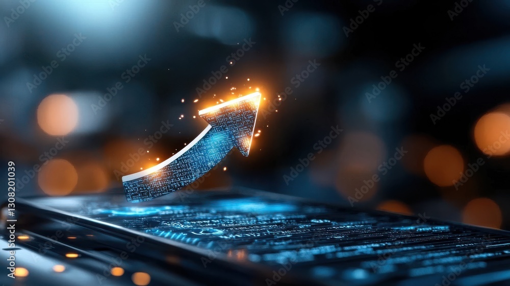 Poster glowing digital arrow pointing upwards against a dark background representing technological innovati