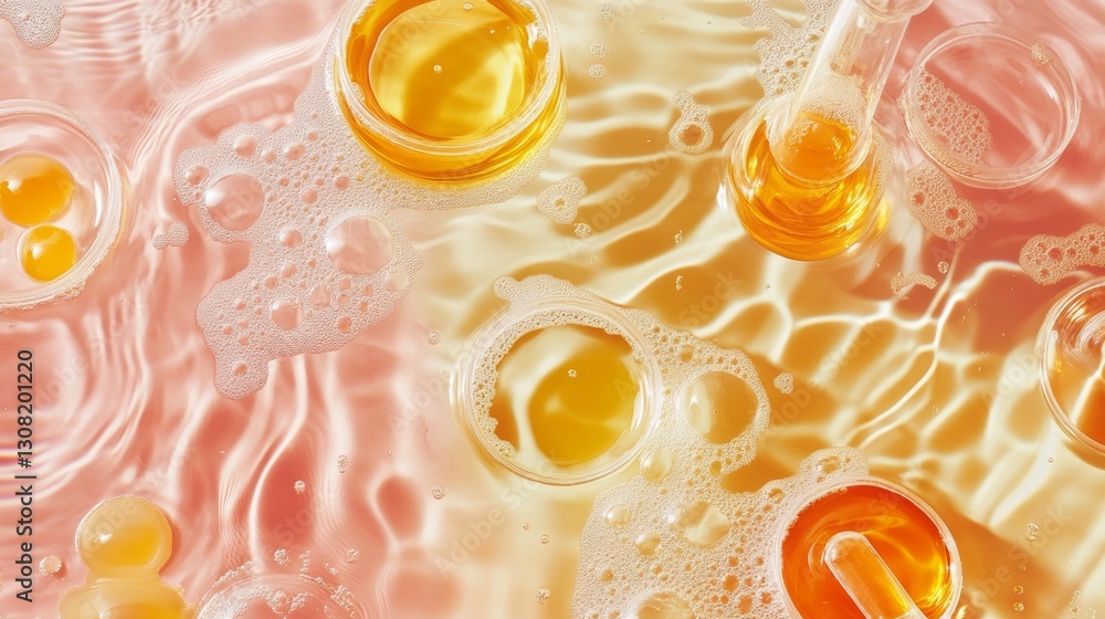 Poster creating vibrant water ripples with petri dishes and lab flasks in a scientific environment a visual