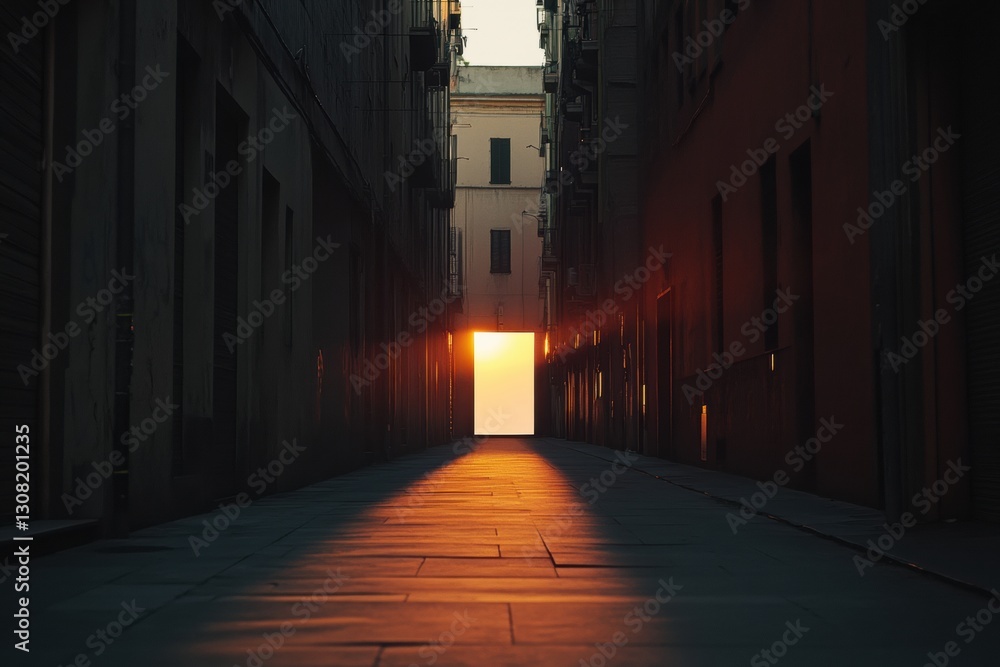 Fototapete Sunset casts golden light through an empty city alleyway leading to a blank space for text Generative AI