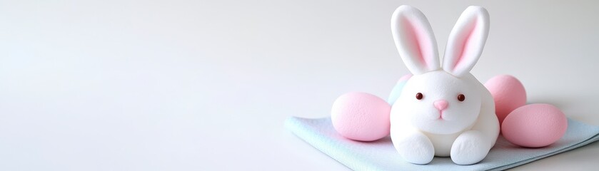 Fototapeta premium White plush Easter bunny resting on a light blue and white patterned fabric with pink Easter eggs. Soft, pastel color palette. Simple background