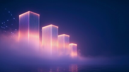 Fototapeta premium Futuristic Cityscape Neon Towers in Fog Digital Network Global Commerce