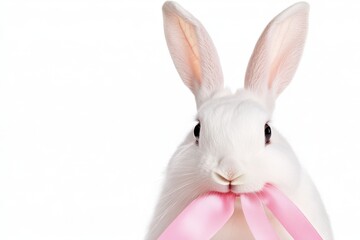 Obraz premium Close up of an adorable white rabbit wearing a pink ribbon against a bright white background. The rabbit's fur is soft and fluffy, and its expression