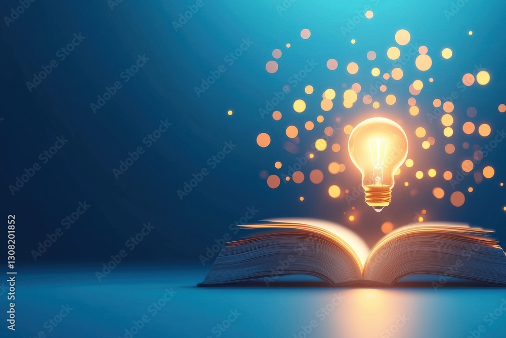 Poster glowing light bulb hovering over an open book symbolizing the power of knowledge and education to fu