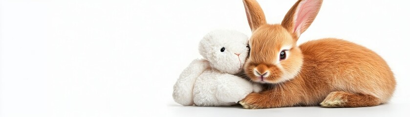 Obraz premium Adorable brown rabbit cuddles a white plush toy against a bright white background. Soft lighting enhances the fluffy textures. A heartwarming image