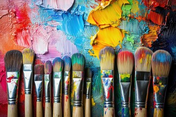 Obraz premium A vibrant display of assorted paintbrushes against a colorful background of vivid paint strokes, showcasing the creativity and tools of an artist, perfect for inspiration and decor.