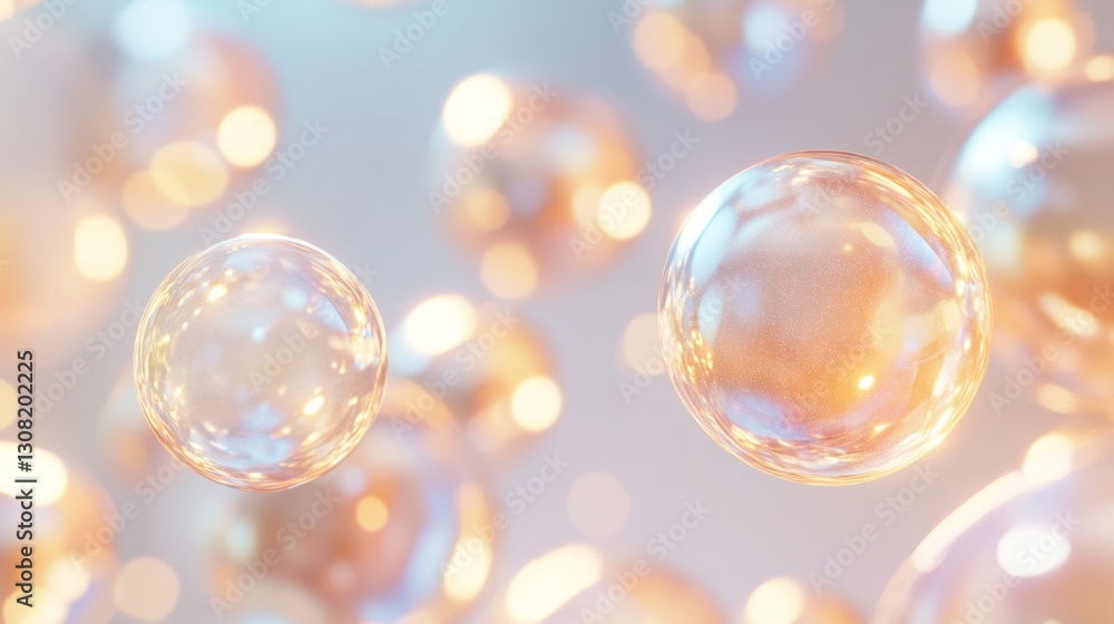 Poster visualizing the rendering of glowing collagen bubbles with pearlescence in a creative space artistic