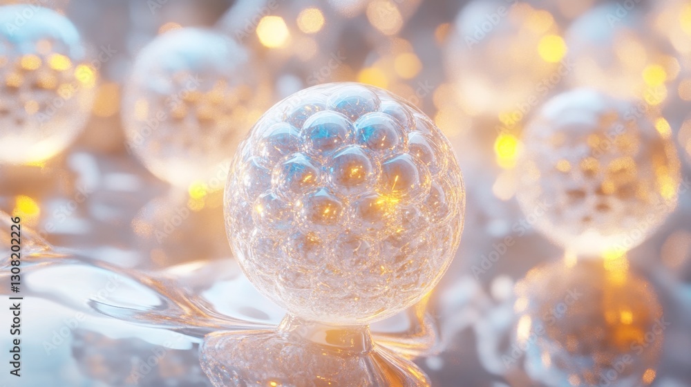 Poster rendering of glowing collagen bubbles with pearlescence digital studio 3d animation high-definition 
