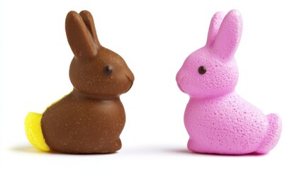 Two Easter bunnies, one chocolate and one pink, face each other against a white background. The chocolate bunny has a yellow tail
