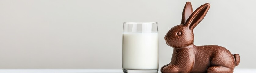 Close up of a glass of milk and a chocolate bunny on a white surface against a light gray background. The image is simple, clean and evokes a sense