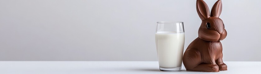 Brown chocolate bunny figurine sits next to a glass of milk on a white surface against a light gray background. 