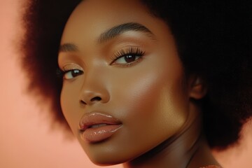 A close-up portrait of a woman capturing her stunning features, with glowing skin, defined cheekbones, and glossy lips. The warm background enhances her elegant look, exuding confidence and beauty.